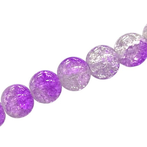 10 MM ROUND GLASS CRACKLE BEADS CLEAR / PURPLE - 80 PCS