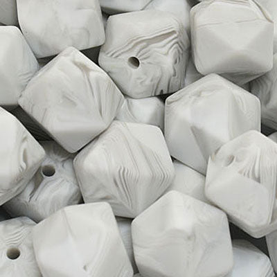 18 MM HEXAGON SILICONE BEADS WHITE GREY SWIRL - 3 PCS