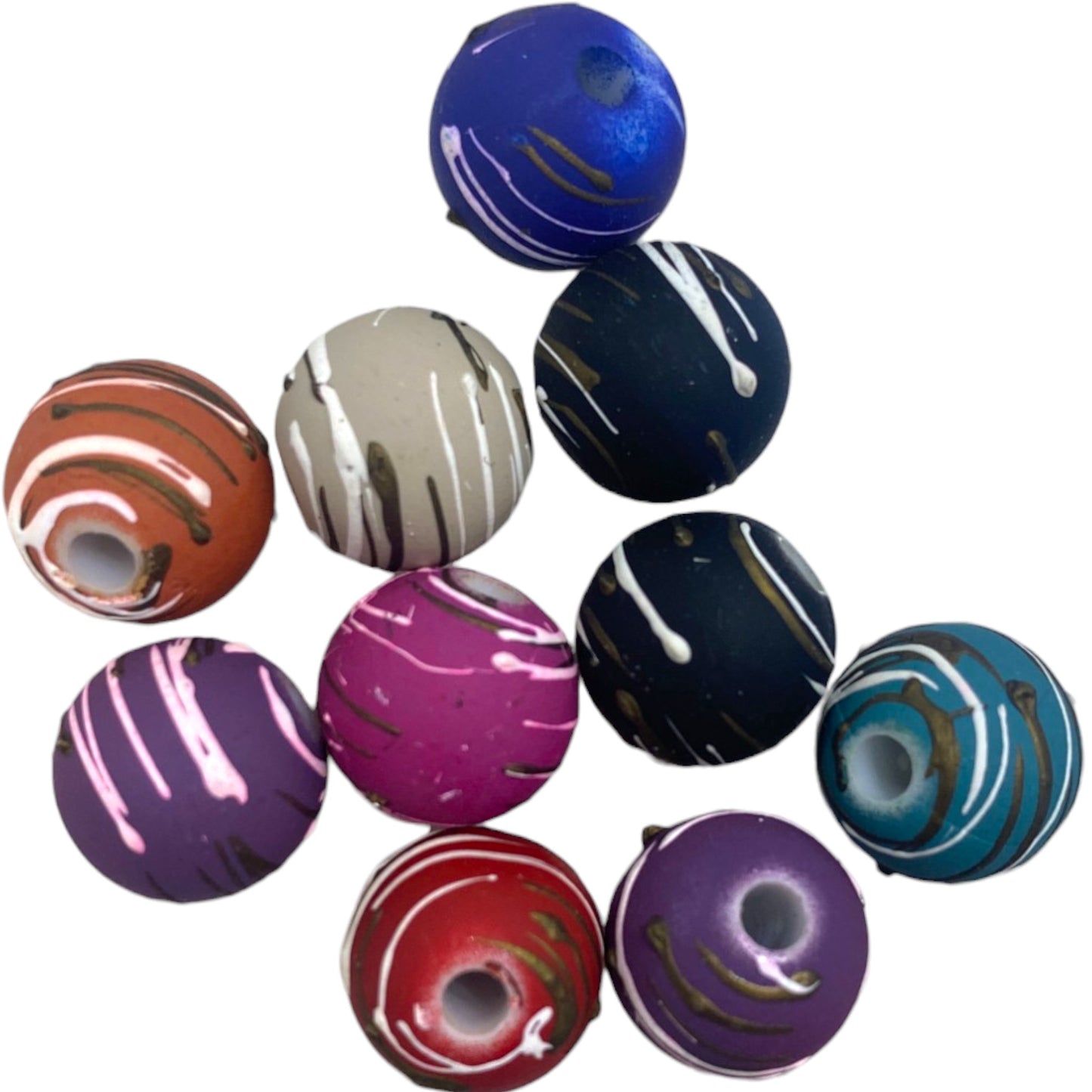 12 MM COLOURFUL SWIRLY ROUND BEADS - 10 PCS