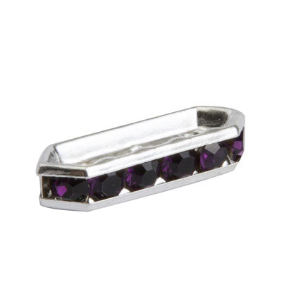 18 X 6 MM SILVER WITH PURPLE RHINESTONES 3 HOLE SPACER - 10 PCS