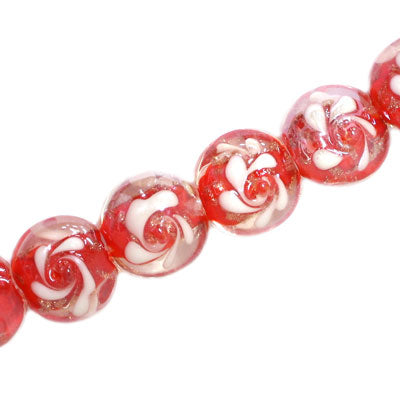 15 MM FLAT ROUND GLASS BEADS FLOWER DESIGN RED - 25 PCS