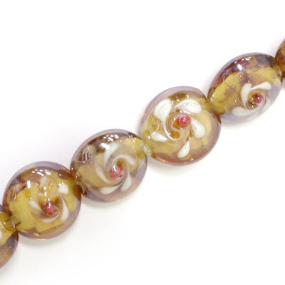 15 MM FLAT ROUND GLASS BEADS FLOWER DESIGN HONEY - 25 PCS