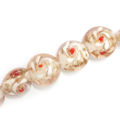 15 MM FLAT ROUND GLASS BEADS FLOWER DESIGN VINTAGE ROSE - 25 PCS