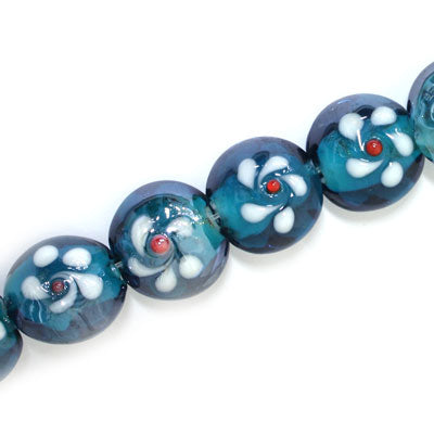 15 MM FLAT ROUND GLASS BEADS FLOWER DESIGN TEAL - 25 PCS