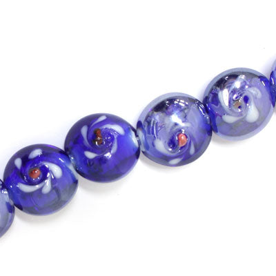 15 MM FLAT ROUND GLASS BEADS FLOWER DESIGN DARK BLUE - 25 PCS