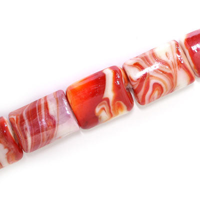 20 X 15 MM RECTANGLE GLASS BEADS RED / WHITE SWIRL - 15 PCS