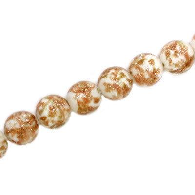 10 MM ROUND GLASS BEADS WHITE / COPPER FLECKS- 20 PCS