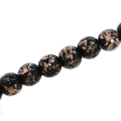 10 MM ROUND GLASS BEADS BLACK / COPPER FLECKS- 20 PCS