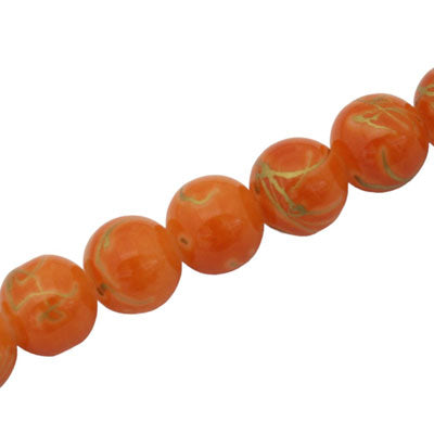 10 MM ROUND GLASS BEADS ORANGE WITH GOLD SWIRL - 82 PCS