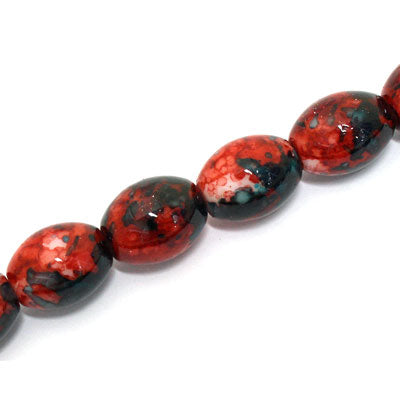16 X 12 MM OVAL GLASS BEADS RED / TEAL - 50 PCS