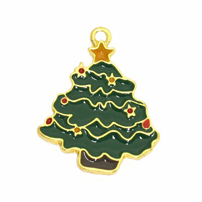 CHRISTMAS TREE CHARM 28 MM GOLD / GREEN - 3 PCS
