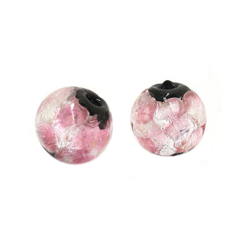 10 MM GLASS FOIL BEAD PINK SILVER BLACK - 1 PC