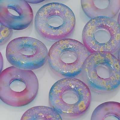 11 MM (4.5MM HOLE) DONUT BEADS PINK AQUA WITH SHIMMER  - 25 PCS