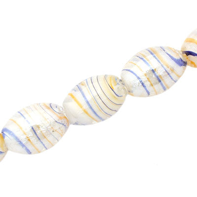18 X 12 MM OVAL GLASS BEADS - WHITE / ORANGE & BLUE SWIRL - 20 PCS