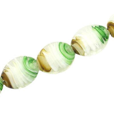 22 X 18 MM OVAL GLASS BEADS WHITE / OLIVE / GREEN - 15 PCS
