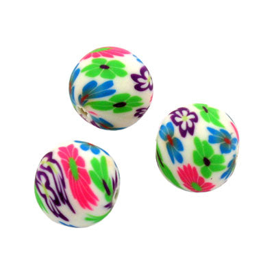 10 MM ROUND POLYMER CLAY BEADS WHITE WITH FLOWERS - APPROX 20 PCS