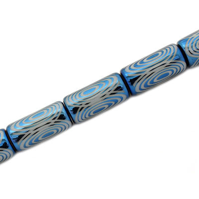 20 X 10 MM PATTERNED TUBE BEADS WHITE BLUE - 15 PCS