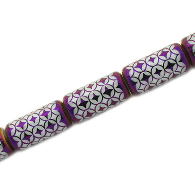 20 X 10 MM PATTERNED TUBE BEADS PURPLE WHITE - 15 PCS