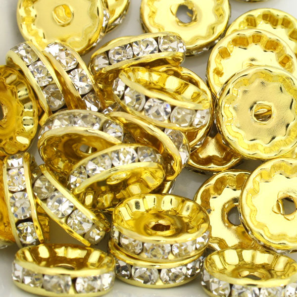 12 MM RHINESTONE RONDELLE SPACER GOLD / CLEAR - 10 PCS