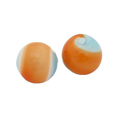 14 MM GLASS HOLLOW ROUND BEAD ORANGE - AQUA - 1 PCS
