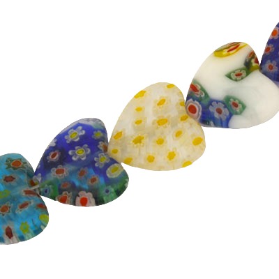 18 MM HEART GLASS MILLEFIORI BEADS MIX COLOURS - APPROX 20 PCS
