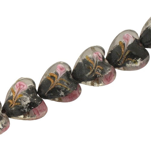 15 MM GLASS HEART BEADS BLACK - 25 PCS