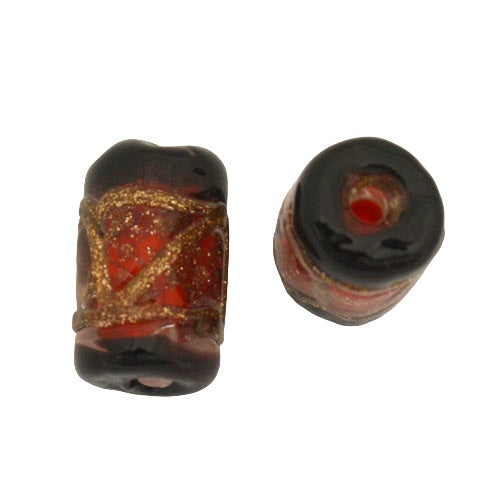 15 X 9 MM GLASS TUBE BEAD RED BLACK COPPER - 1 PC