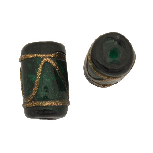 15 X 9 MM GLASS TUBE BEAD GREEN BLACK COPPER - 1 PC