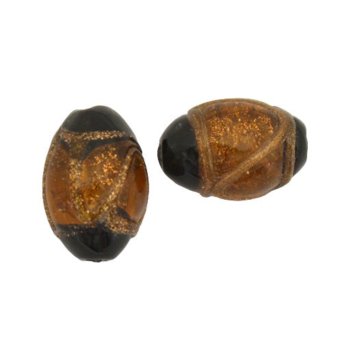 15 X 10 MM GLASS OVAL BEAD HONEY BLACK COPPER - 1 PC