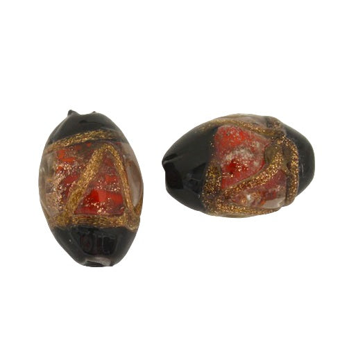 15 X 10 MM GLASS OVAL BEAD RED BLACK COPPER - 1 PC
