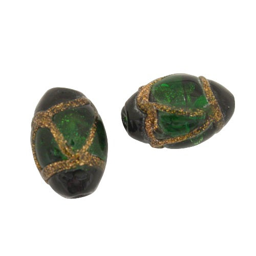 15 X 10 MM GLASS OVAL BEAD GREEN BLACK COPPER - 1 PC