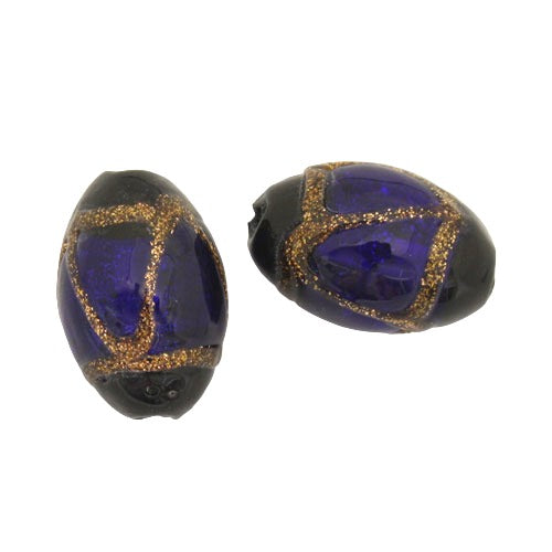 15 X 10 MM GLASS OVAL BEAD ROYAL BLUE BLACK COPPER - 1 PC