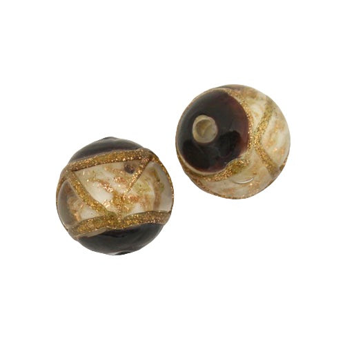 10 MM GLASS ROUND BEAD WHITE BLACK COPPER - 1 PC