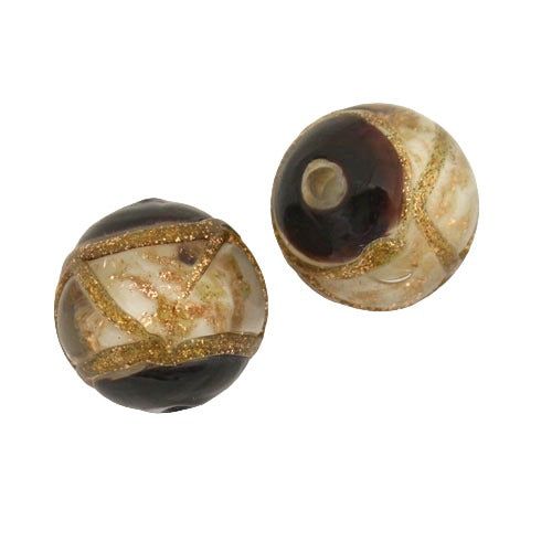 12 MM GLASS ROUND BEAD WHITE BLACK COPPER - 1 PC