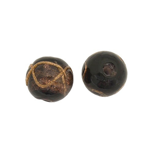 10 MM GLASS ROUND BEAD PLUM BLACK COPPER - 1 PC