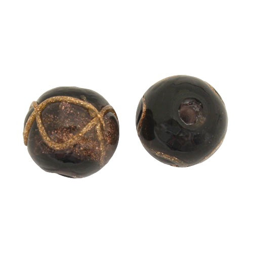 12 MM GLASS ROUND BEAD PLUM BLACK COPPER - 1 PC
