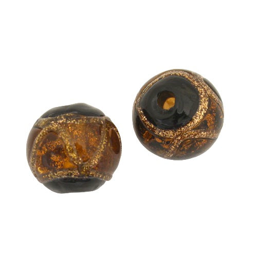 12 MM GLASS ROUND BEAD HONEY BLACK COPPER - 1 PC