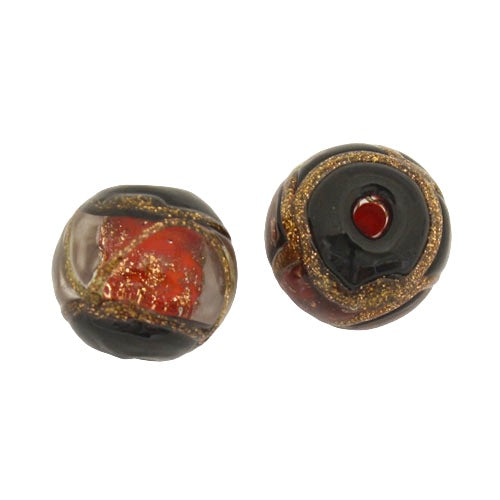 12 MM GLASS ROUND BEAD RED BLACK COPPER - 1 PC
