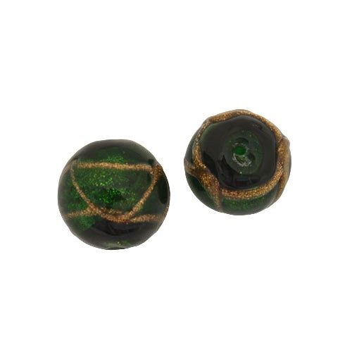 10 MM GLASS ROUND BEAD GREEN BLACK COPPER - 1 PC