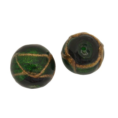 12 MM GLASS ROUND BEAD GREEN BLACK COPPER - 1 PC