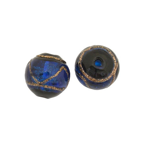 10 MM GLASS ROUND BEAD BLUE BLACK COPPER - 1 PC