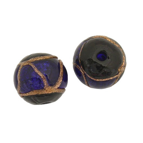 12 MM GLASS ROUND BEAD ROYAL BLUE BLACK COPPER - 1 PC