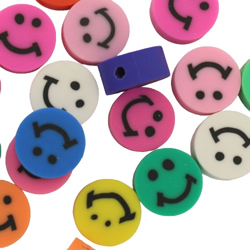 10 MM POLYMER CLAY BEADS SMILEY FACE MIX COLOURS - APPROX 25 PCS
