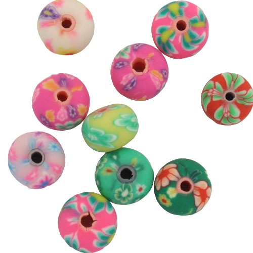 9 X 6 MM POLYMER CLAY RONDELLE BEADS MIX COLOURS - 10 PCS