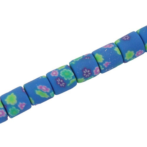 6 MM POLYMER CLAY TUBE BEADS BLUE WITH FLOWER PATTERN - 60 PCS