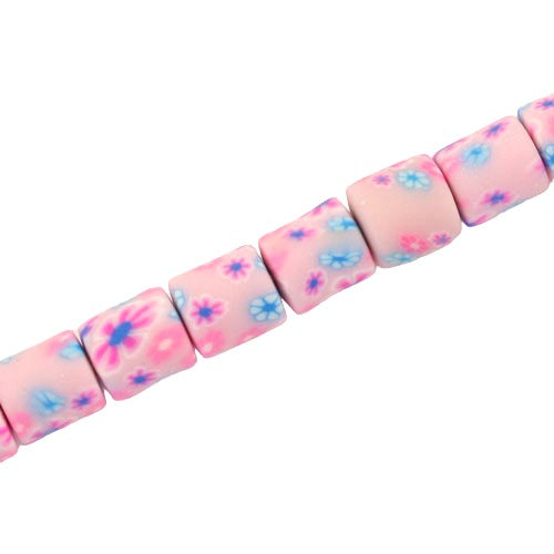 6 MM POLYMER CLAY TUBE BEADS PINK WITH FLOWER PATTERN - 60 PCS