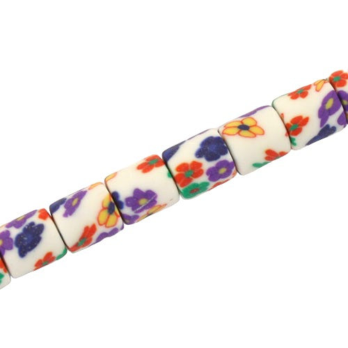 6 MM POLYMER CLAY TUBE BEADS WHITE WITH FLOWER PATTERN - 60 PCS
