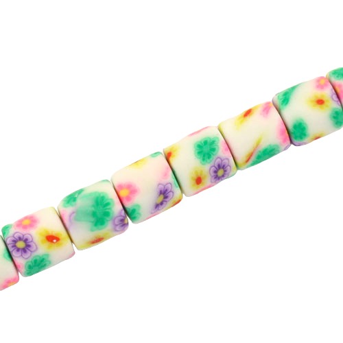 6 MM POLYMER CLAY TUBE BEADS WHT WITH FLOWER PATTERN - 60 PCS