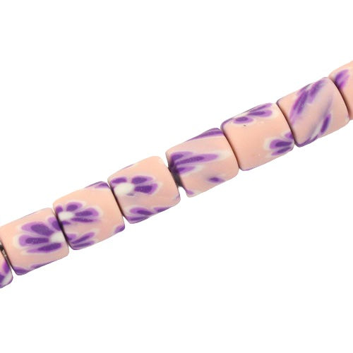 6 MM POLYMER CLAY TUBE BEADS LT PINK WITH FLOWER PATTERN - 60 PCS