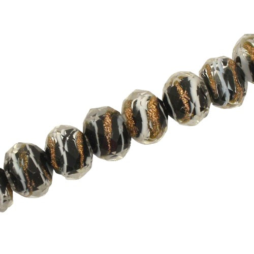 8 X 6 MM FACETED RONDELLE BLACK WITH WHITE AND COPPER SWIRL - 60 PCS